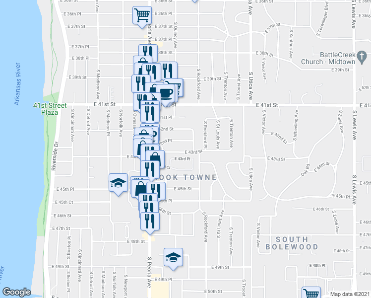 map of restaurants, bars, coffee shops, grocery stores, and more near 1364 East 43rd Place in Tulsa