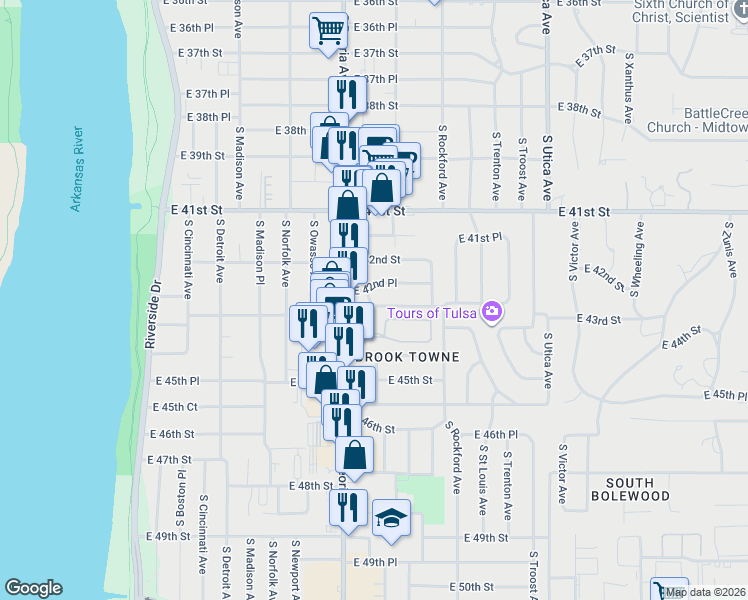 map of restaurants, bars, coffee shops, grocery stores, and more near 4310 South Quaker Avenue in Tulsa