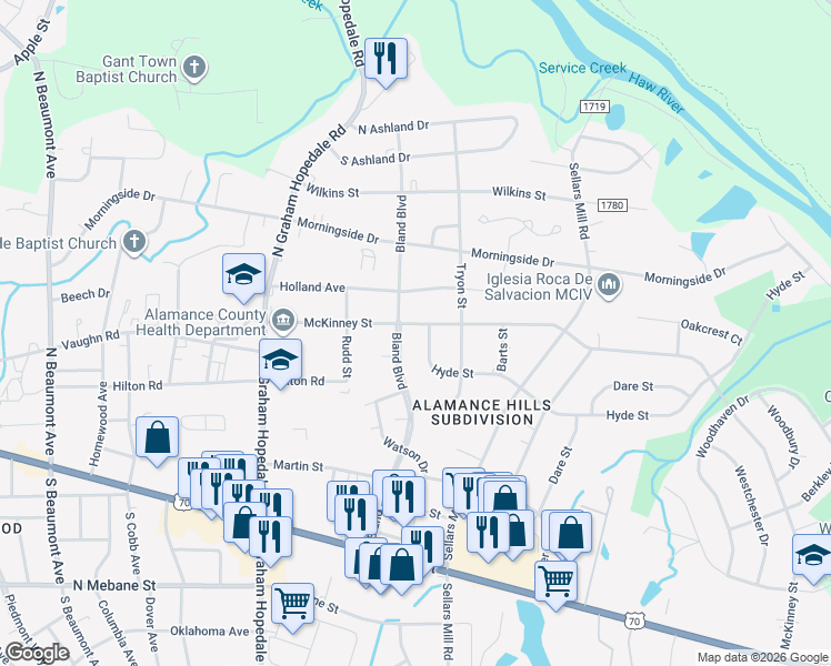 map of restaurants, bars, coffee shops, grocery stores, and more near 425 Hyde Street in Burlington