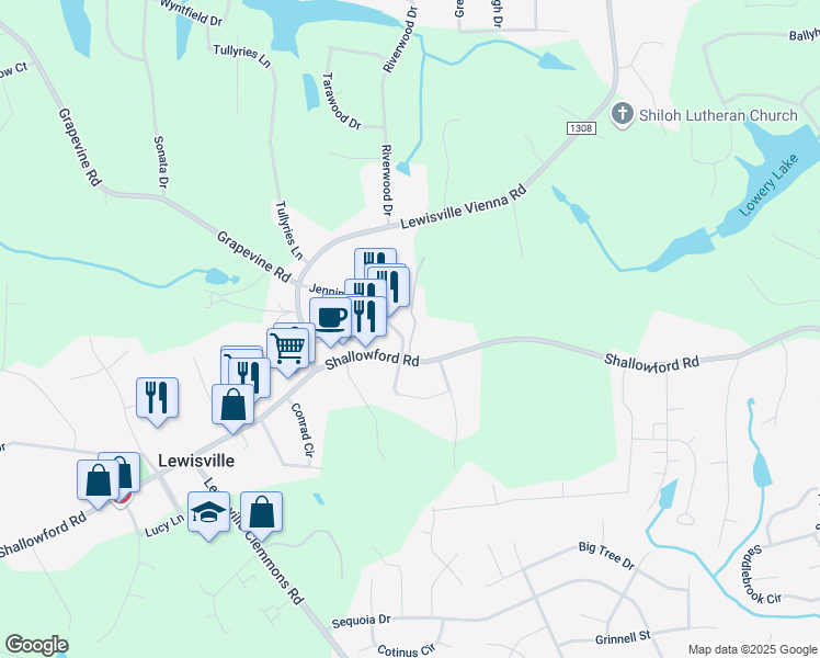 map of restaurants, bars, coffee shops, grocery stores, and more near 6161 Shallowford Road in Lewisville