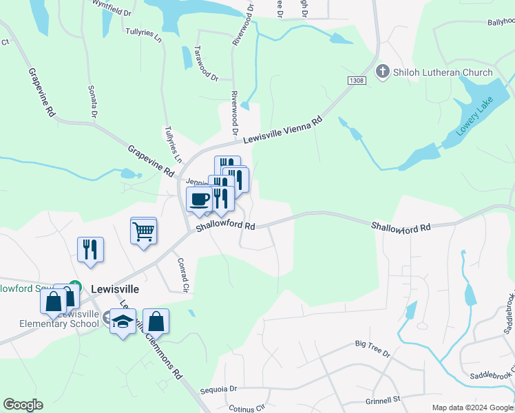 map of restaurants, bars, coffee shops, grocery stores, and more near 204 Briar Creek Manor in Lewisville