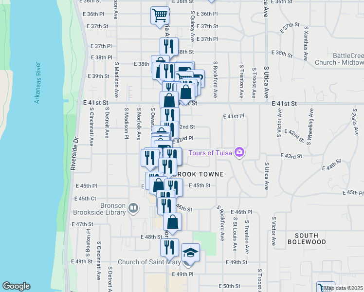 map of restaurants, bars, coffee shops, grocery stores, and more near 4310 South Quaker Avenue in Tulsa