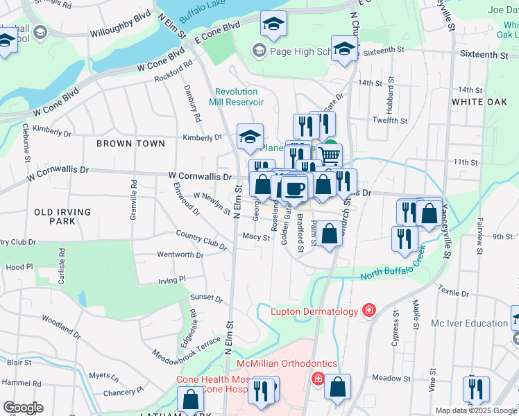 map of restaurants, bars, coffee shops, grocery stores, and more near 200 State Street in Greensboro
