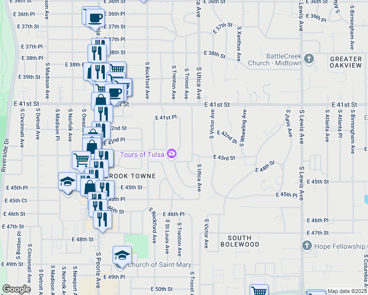 map of restaurants, bars, coffee shops, grocery stores, and more near 1615 East 43rd Place in Tulsa