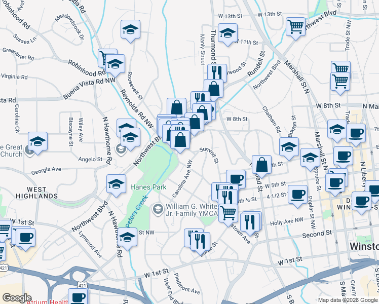 map of restaurants, bars, coffee shops, grocery stores, and more near 457 West End Boulevard in Winston-Salem