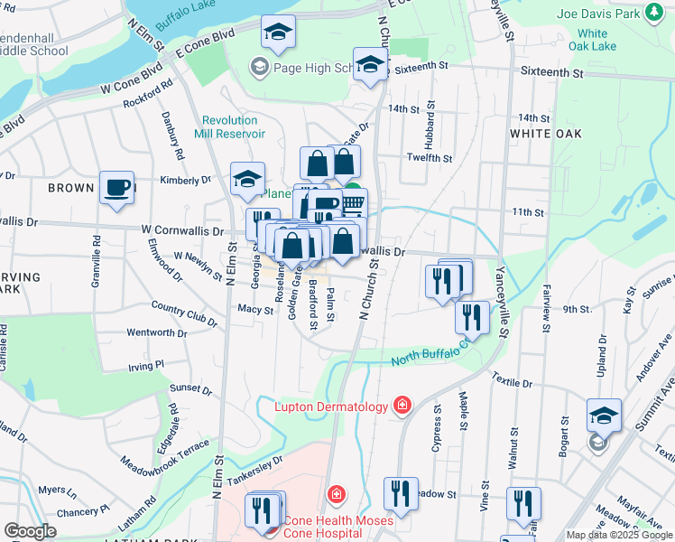 map of restaurants, bars, coffee shops, grocery stores, and more near 500 East Cornwallis Drive in Greensboro