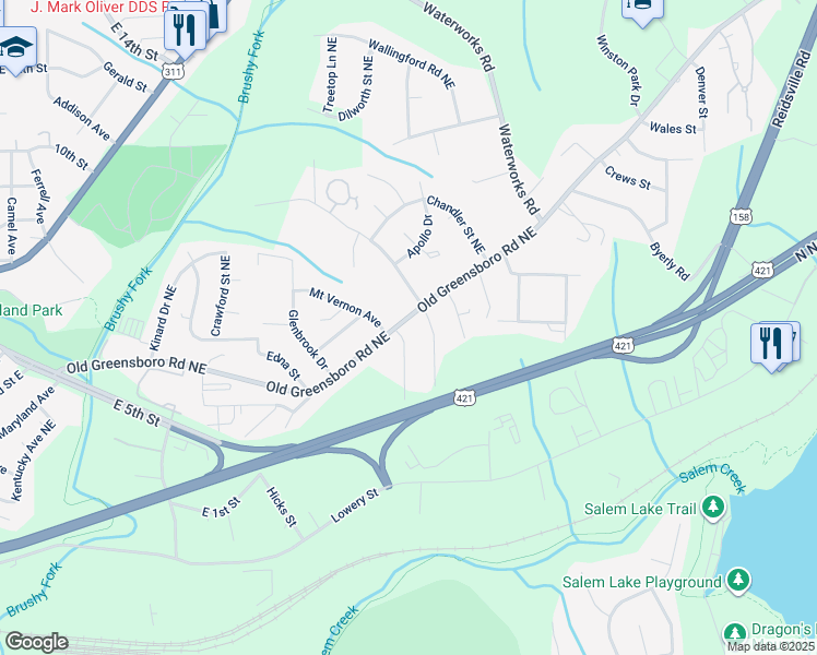 map of restaurants, bars, coffee shops, grocery stores, and more near 2922 Old Greensboro Road in Winston-Salem
