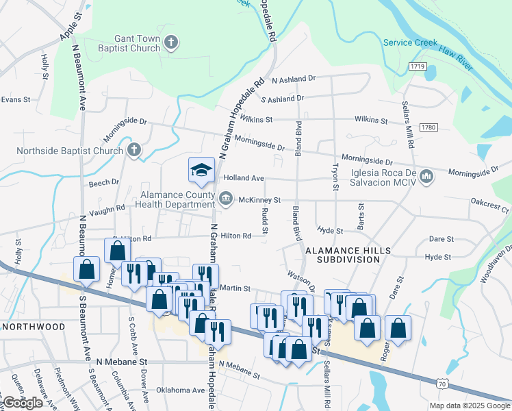map of restaurants, bars, coffee shops, grocery stores, and more near 1928 McKinney Street in Burlington