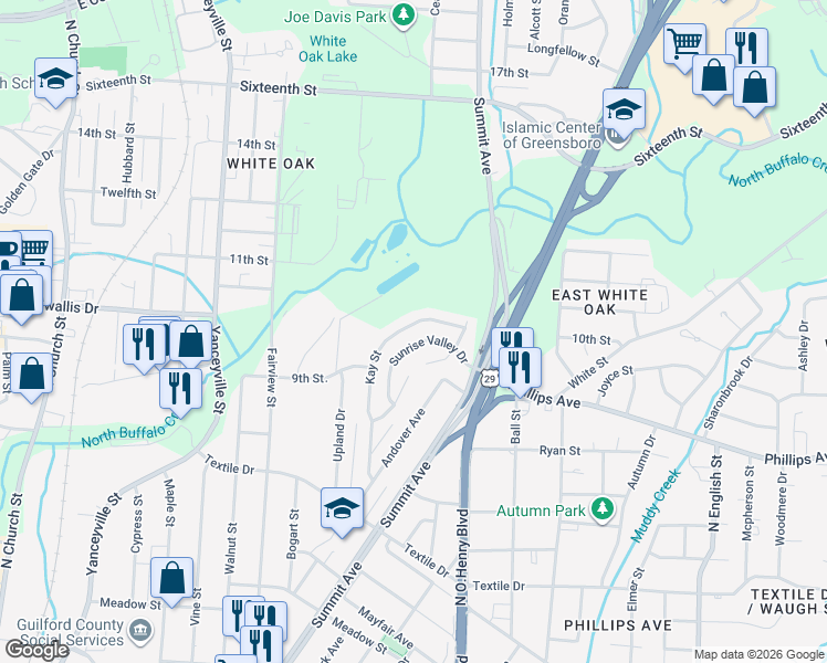 map of restaurants, bars, coffee shops, grocery stores, and more near 1733 Kay Street in Greensboro