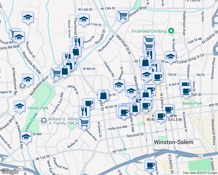 map of restaurants, bars, coffee shops, grocery stores, and more near 136 West End Boulevard in Winston-Salem