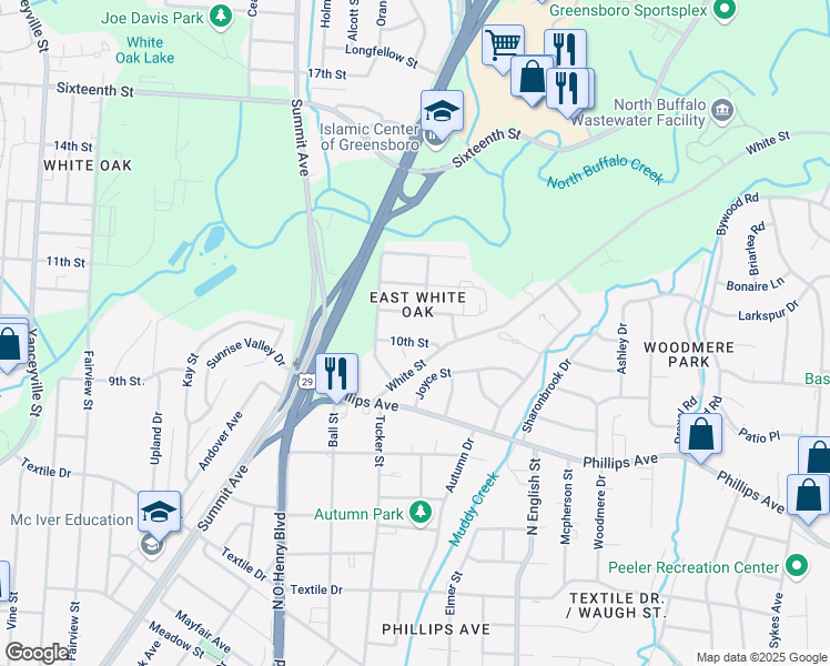 map of restaurants, bars, coffee shops, grocery stores, and more near 1709 Water Street in Greensboro