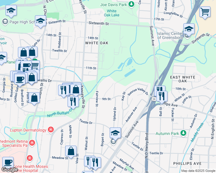 map of restaurants, bars, coffee shops, grocery stores, and more near 1700 Fairview Street in Greensboro