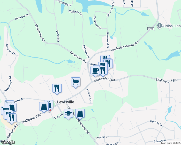 map of restaurants, bars, coffee shops, grocery stores, and more near 171 Lewisville Vienna Road in Lewisville