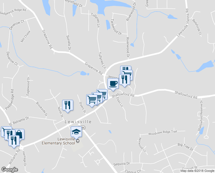 map of restaurants, bars, coffee shops, grocery stores, and more near 171 Lewisville Vienna Road in Lewisville