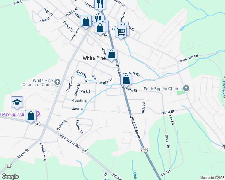 map of restaurants, bars, coffee shops, grocery stores, and more near 3344 Sheila Circle in White Pine