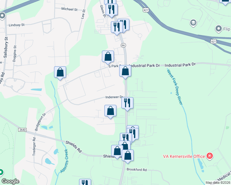 map of restaurants, bars, coffee shops, grocery stores, and more near 765 Indeneer Drive in Kernersville