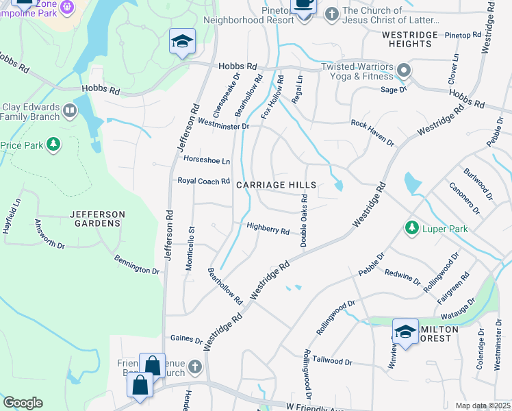 map of restaurants, bars, coffee shops, grocery stores, and more near 1519 Fox Hollow Road in Greensboro
