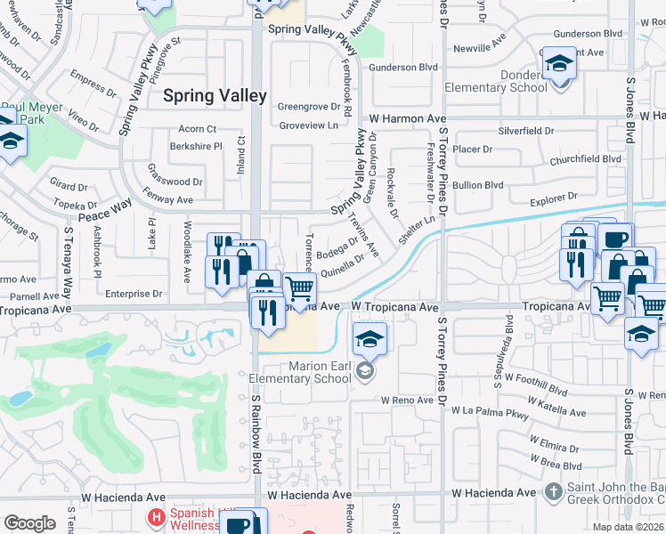 map of restaurants, bars, coffee shops, grocery stores, and more near 6760 Quinella Drive in Las Vegas