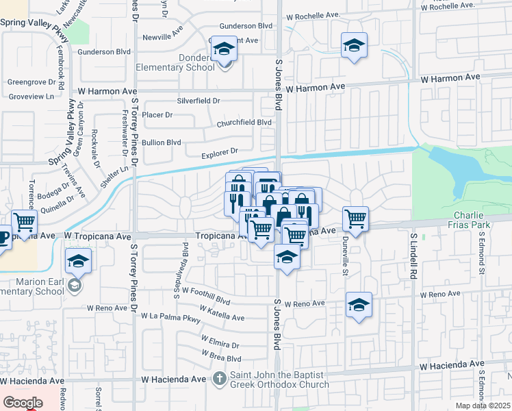 map of restaurants, bars, coffee shops, grocery stores, and more near 6130 West Tropicana Avenue in Las Vegas