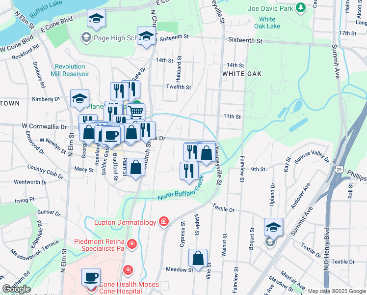 map of restaurants, bars, coffee shops, grocery stores, and more near 1100 East Cornwallis Drive in Greensboro