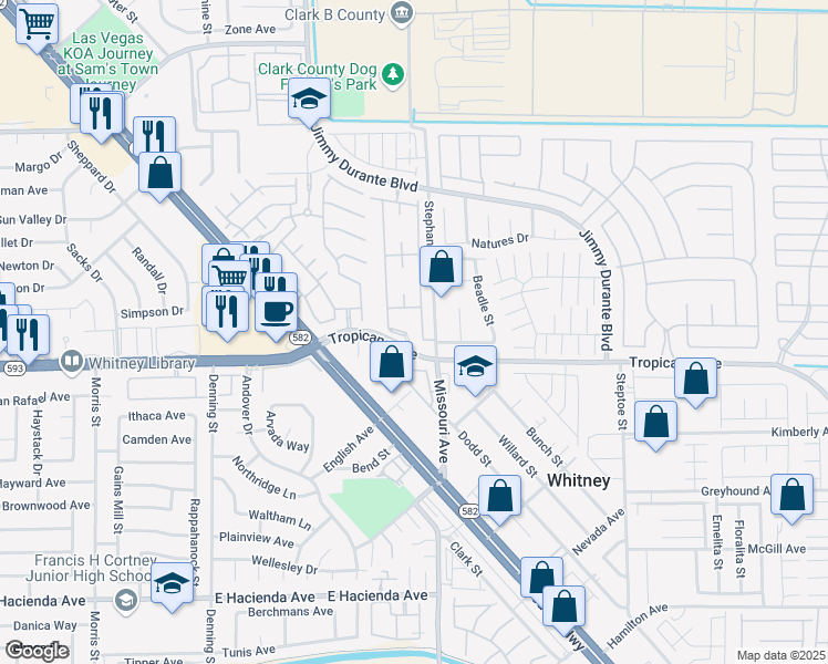 map of restaurants, bars, coffee shops, grocery stores, and more near 5710 East Tropicana Avenue in Las Vegas