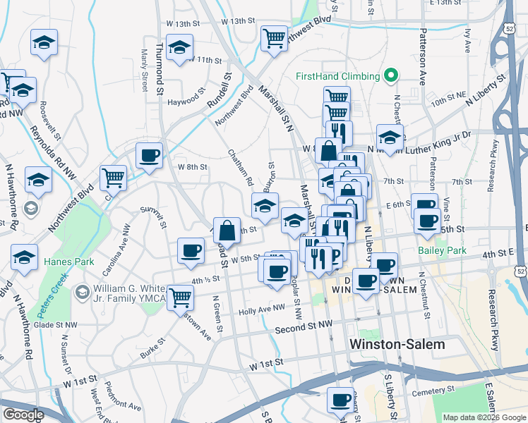 map of restaurants, bars, coffee shops, grocery stores, and more near 701 Chatham Road in Winston-Salem