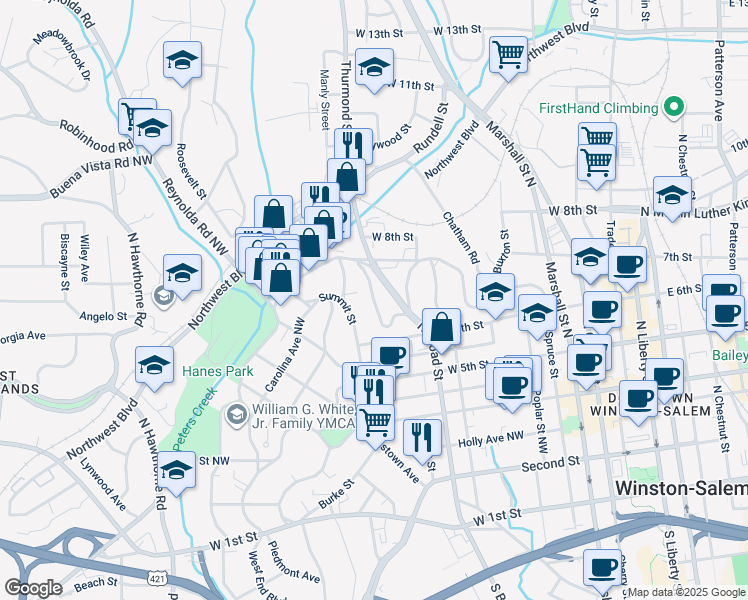 map of restaurants, bars, coffee shops, grocery stores, and more near 309 West End Boulevard in Winston-Salem
