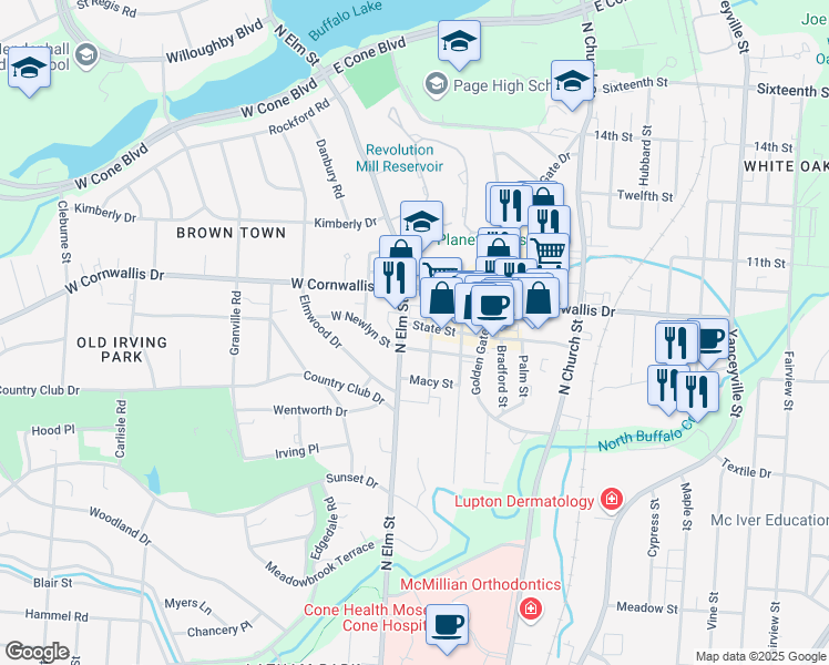 map of restaurants, bars, coffee shops, grocery stores, and more near 104 State Street in Greensboro