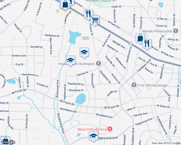 map of restaurants, bars, coffee shops, grocery stores, and more near 1534 Sherwood Drive in Burlington