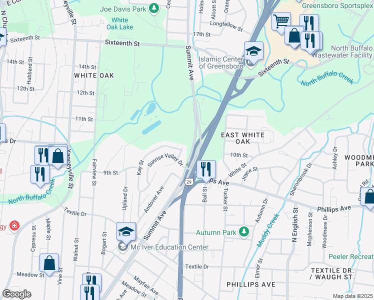 map of restaurants, bars, coffee shops, grocery stores, and more near 1800 Northland Drive in Greensboro