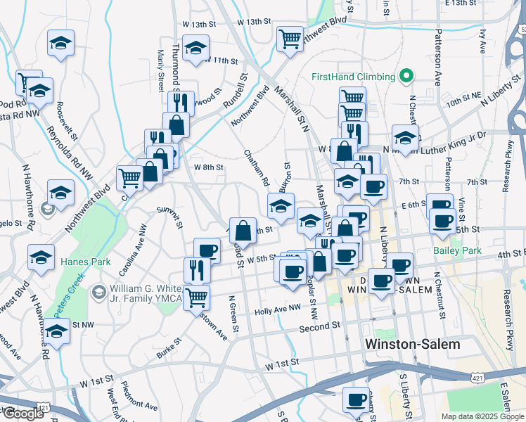map of restaurants, bars, coffee shops, grocery stores, and more near 127 West End Boulevard in Winston-Salem