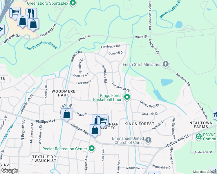 map of restaurants, bars, coffee shops, grocery stores, and more near 2011 Larchmont Drive in Greensboro