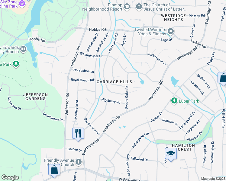 map of restaurants, bars, coffee shops, grocery stores, and more near 1510 Fox Hollow Road in Greensboro