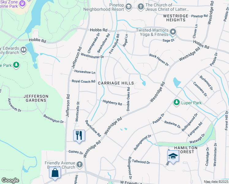 map of restaurants, bars, coffee shops, grocery stores, and more near 1510 Fox Hollow Road in Greensboro