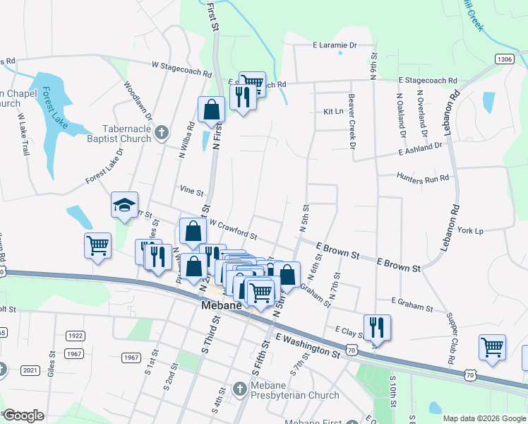 map of restaurants, bars, coffee shops, grocery stores, and more near 608 3rd Street in Mebane