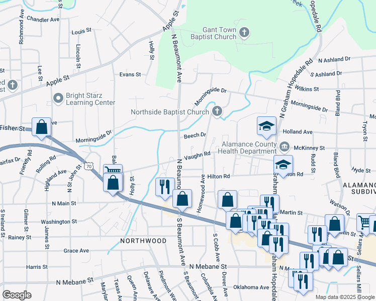 map of restaurants, bars, coffee shops, grocery stores, and more near 416 Birch Court in Burlington