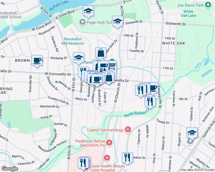 map of restaurants, bars, coffee shops, grocery stores, and more near 500 East Cornwallis Drive in Greensboro
