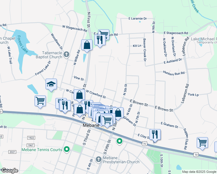 map of restaurants, bars, coffee shops, grocery stores, and more near 108 W Brown St in Mebane
