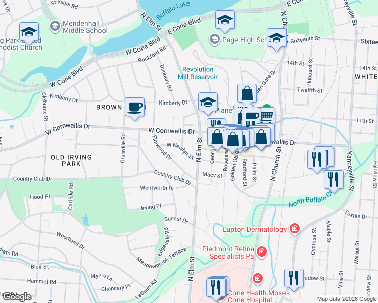 map of restaurants, bars, coffee shops, grocery stores, and more near 2101 Wrenn Street in Greensboro
