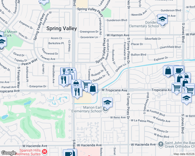 map of restaurants, bars, coffee shops, grocery stores, and more near 6701 Bodega Drive in Las Vegas