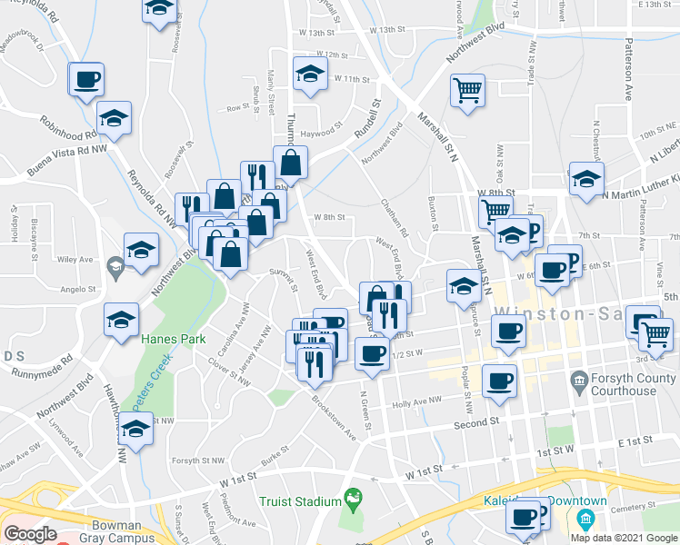 map of restaurants, bars, coffee shops, grocery stores, and more near 227 West End Boulevard in Winston-Salem