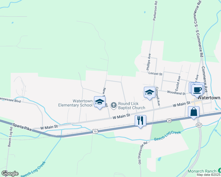 map of restaurants, bars, coffee shops, grocery stores, and more near 275 New Town Road in Watertown