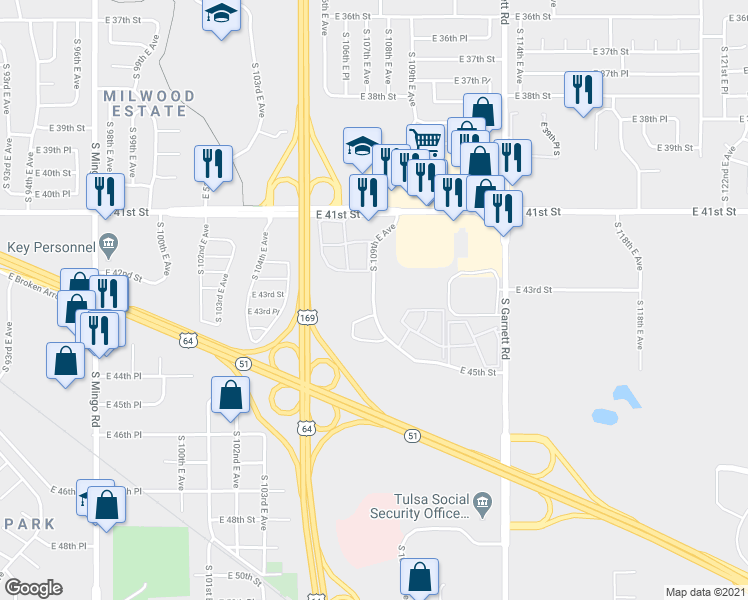 map of restaurants, bars, coffee shops, grocery stores, and more near 4203 South 109th East Avenue in Tulsa
