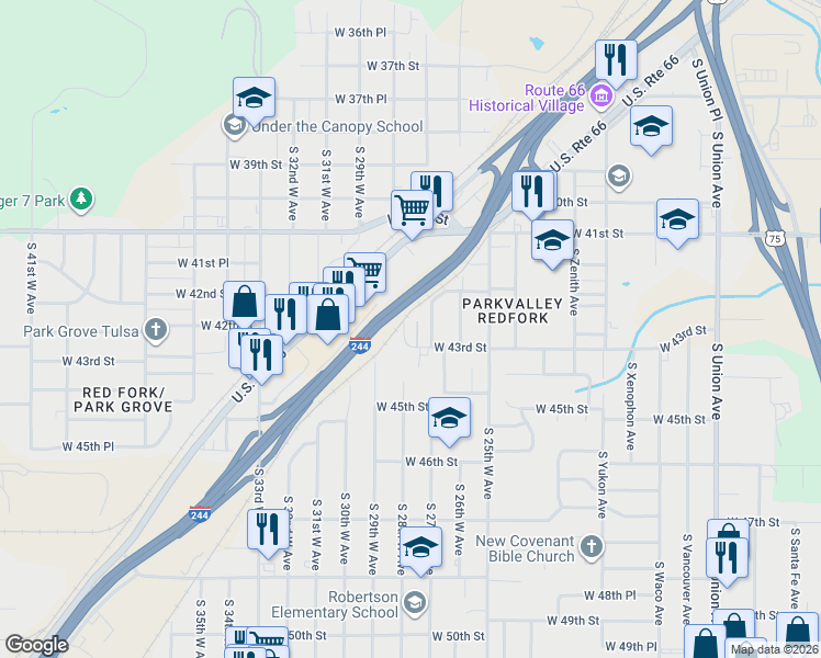 map of restaurants, bars, coffee shops, grocery stores, and more near 4227 South 28th West Avenue in Tulsa