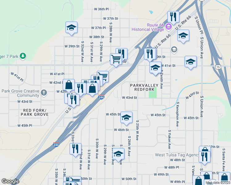 map of restaurants, bars, coffee shops, grocery stores, and more near 4227 South 28th West Avenue in Tulsa
