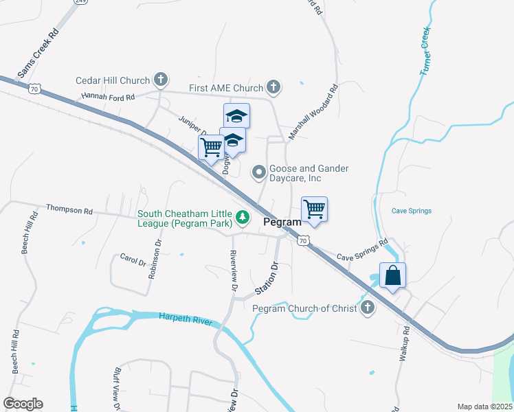 map of restaurants, bars, coffee shops, grocery stores, and more near 8910 Sunnyfield Drive in Pegram