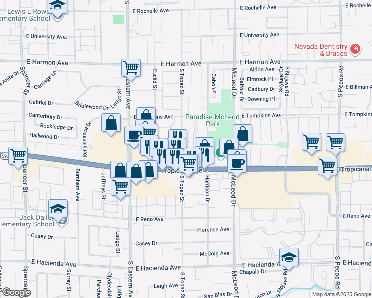map of restaurants, bars, coffee shops, grocery stores, and more near 4770 South Topaz Street in Las Vegas