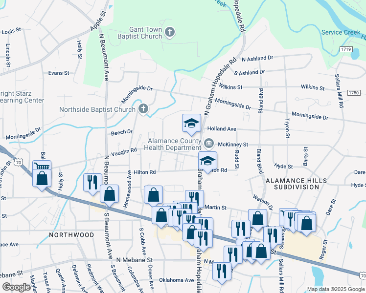 map of restaurants, bars, coffee shops, grocery stores, and more near 502 North Graham Hopedale Road in Burlington
