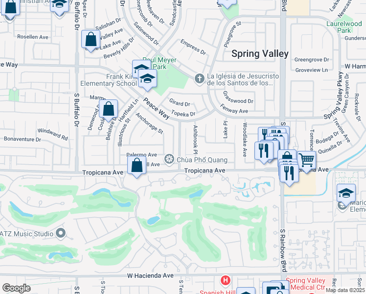 map of restaurants, bars, coffee shops, grocery stores, and more near 4805 Castle Rock Court in Las Vegas