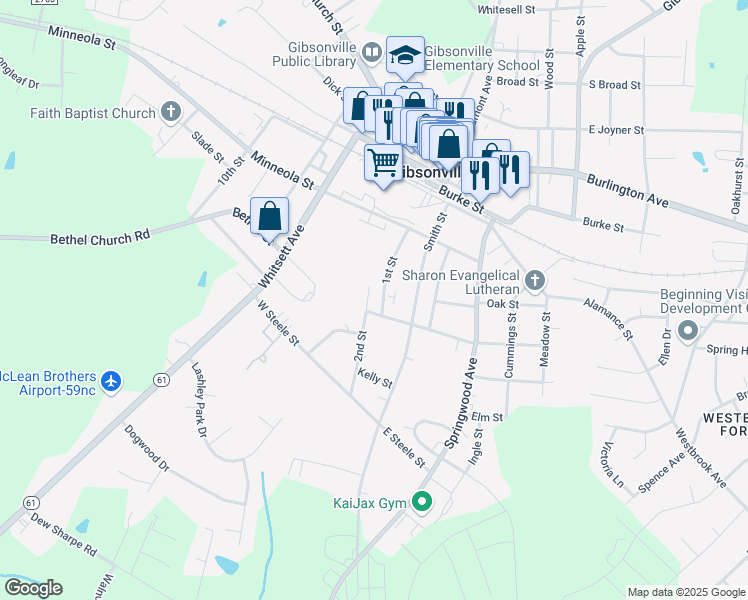 map of restaurants, bars, coffee shops, grocery stores, and more near 510 1st Street in Gibsonville